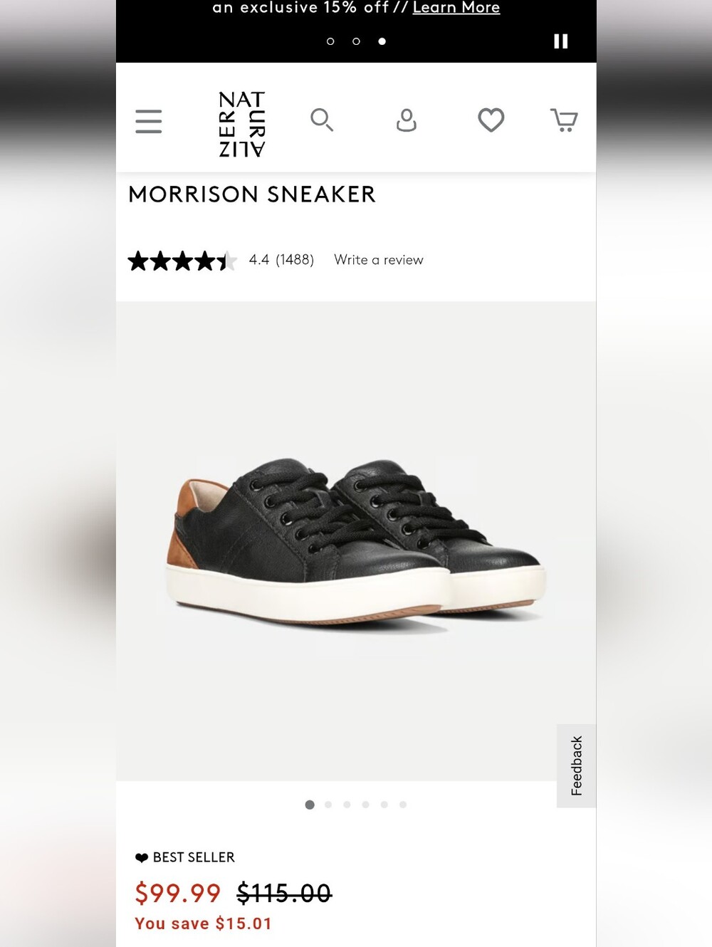 Naturalizer Morrison Black Wide Size 7 Sneaker